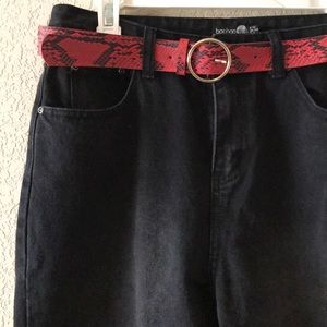 Boohoo black high rise mom jeans with red belt